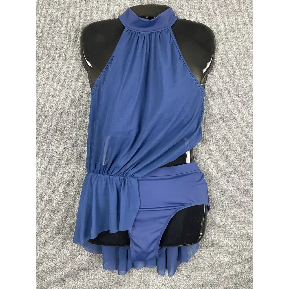 Balera Gathered Power Mesh Lyrical Dance Leotard in navy blue. Medium - Picture 1 of 10
